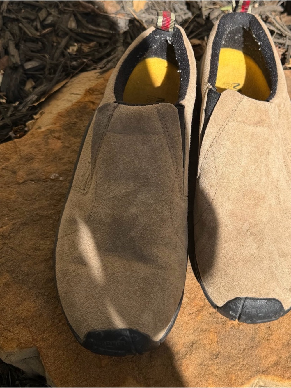 Merrell Men’s Slip-On Suede Loafers in Tan with Yellow Insole